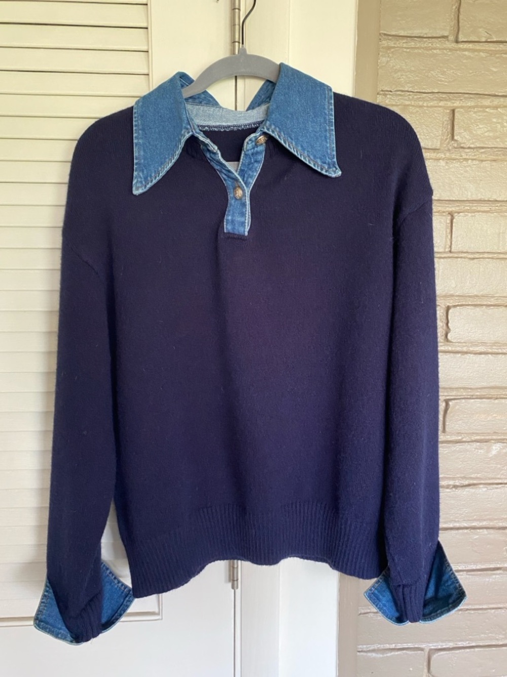 Commense Navy Crewneck Sweater with Denim Collar